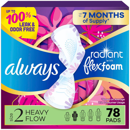 Always Radiant Damenbinden für Frauen, FlexFoam Binden mit Flügeln, Größe 2, Starke Saugfähigkeit, leicht parfümiert, 78 Stück (3 Packungen à 26)