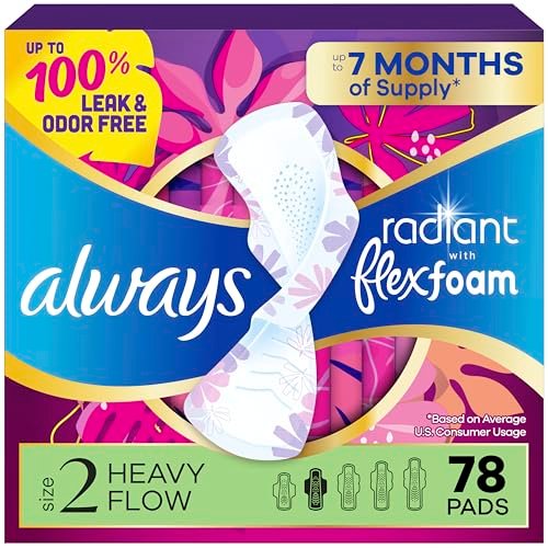 Always Radiant Damenbinden für Frauen, FlexFoam Binden mit Flügeln, Größe 2, Starke Saugfähigkeit, leicht parfümiert, 78 Stück (3 Packungen à 26)