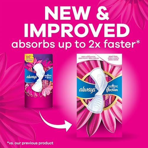 Always Radiant Damenbinden für Frauen, FlexFoam Binden mit Flügeln, Größe 1, Saugstärke Normal, leicht parfümiert, 90 Stück (3 Packungen à 30)