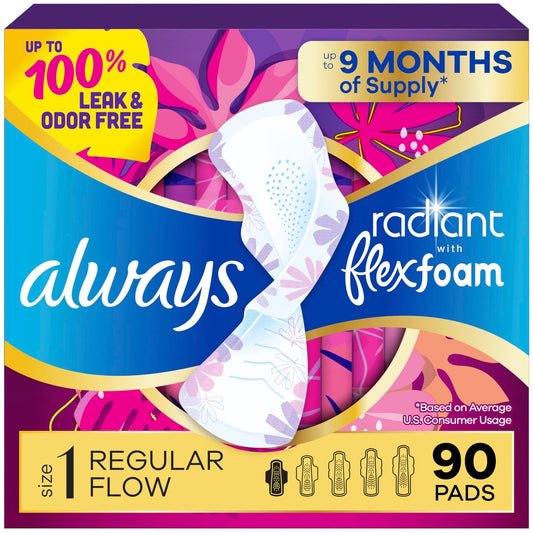 Always Radiant Damenbinden für Frauen, FlexFoam Binden mit Flügeln, Größe 1, Saugstärke Normal, leicht parfümiert, 90 Stück (3 Packungen à 30)