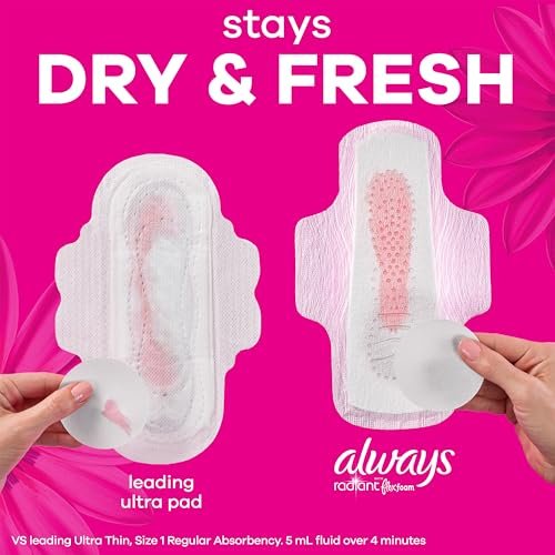 Always Radiant Damenbinden für Frauen, FlexFoam Binden mit Flügeln, Größe 2, Starke Saugfähigkeit, leicht parfümiert, 78 Stück (3 Packungen à 26)