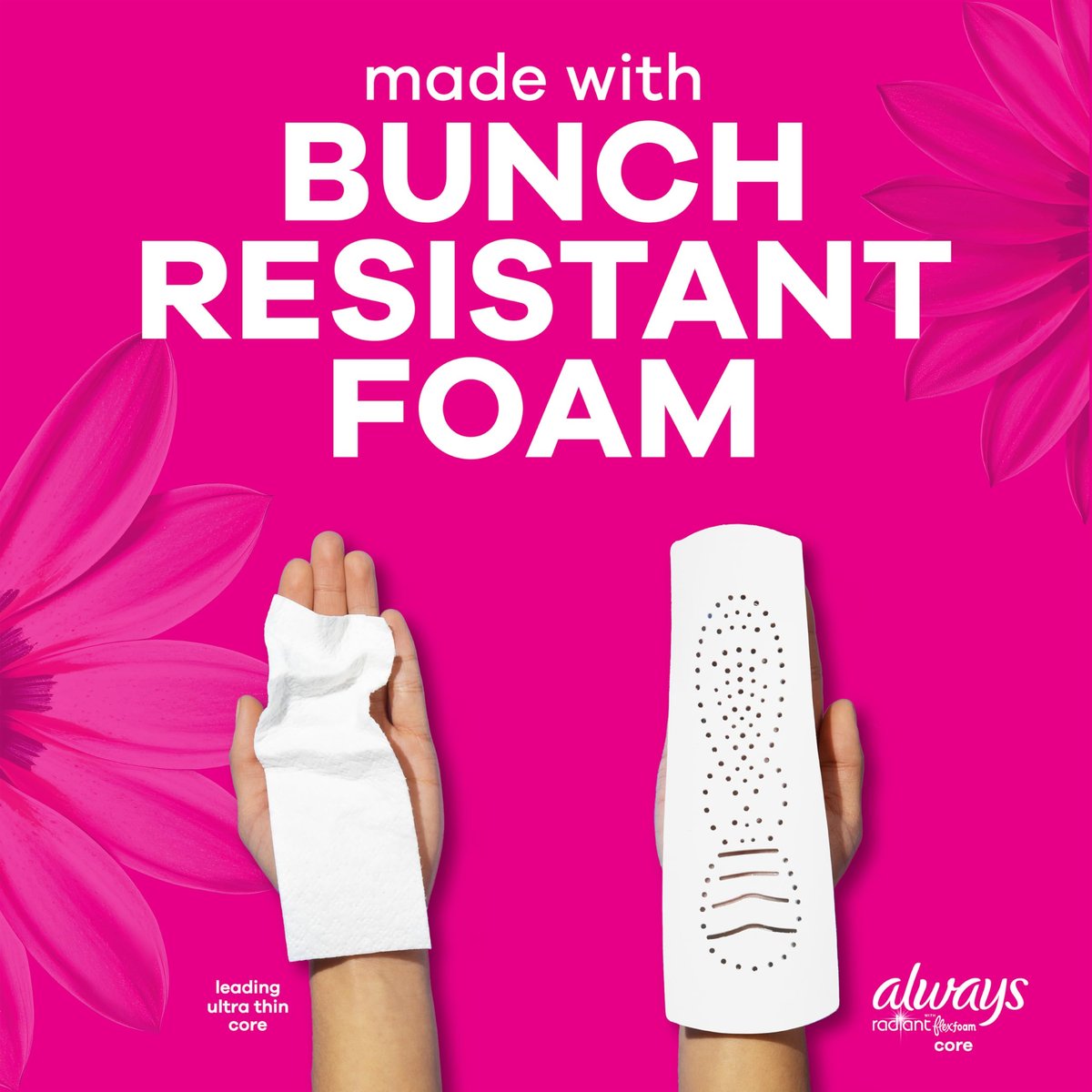Always Radiant Damenbinden für Frauen, FlexFoam Binden mit Flügeln, Größe 1, Saugstärke Normal, leicht parfümiert, 90 Stück (3 Packungen à 30)