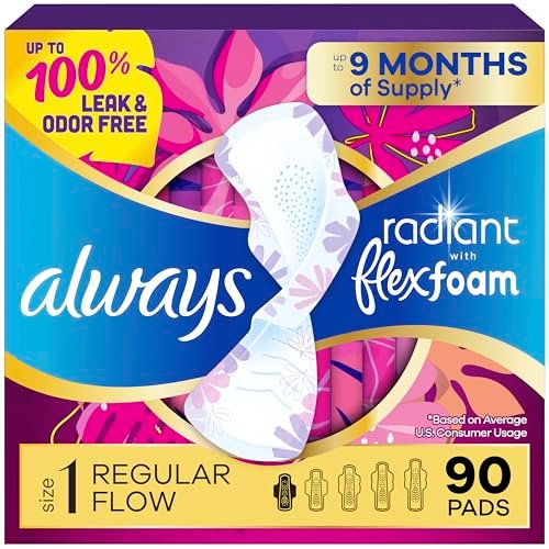 Always Radiant Damenbinden für Frauen, FlexFoam Binden mit Flügeln, Größe 1, Saugstärke Normal, leicht parfümiert, 90 Stück (3 Packungen à 30)