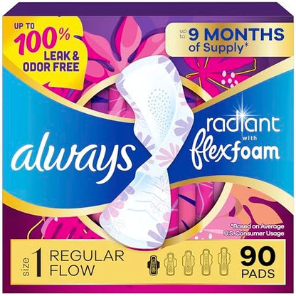 Always Radiant Damenbinden für Frauen, FlexFoam Binden mit Flügeln, Größe 1, Saugstärke Normal, leicht parfümiert, 90 Stück (3 Packungen à 30)