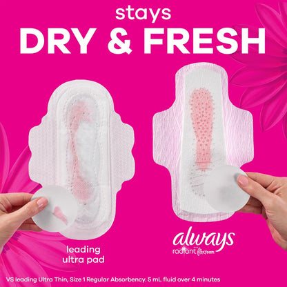 Always Radiant Damenbinden für Frauen, FlexFoam Binden mit Flügeln, Größe 1, Saugstärke Normal, leicht parfümiert, 90 Stück (3 Packungen à 30)