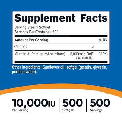 Nutricost Vitamin A 10.000 IE – 500 Weichkapseln, Hochdosiertes Nahrungsergänzungsmittel
