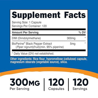 Nutricost DIM (Diindolylmethan) Plus BioPerin 300 mg, 120 vegane Kapseln – bis zu 4 Monate Versorgung, Maximalstärke DIM Nahrungsergänzungsmittel