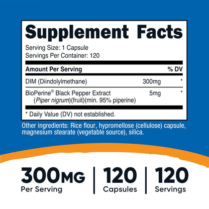 Nutricost DIM (Diindolylmethan) Plus BioPerin 300 mg, 120 vegane Kapseln – bis zu 4 Monate Versorgung, Maximalstärke DIM Nahrungsergänzungsmittel
