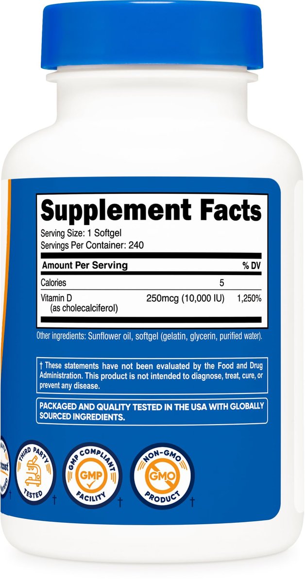 Nutricost Vitamin D3 10.000 IE – 240 Weichkapseln – Hochdosiert, Non-GMO, Glutenfrei