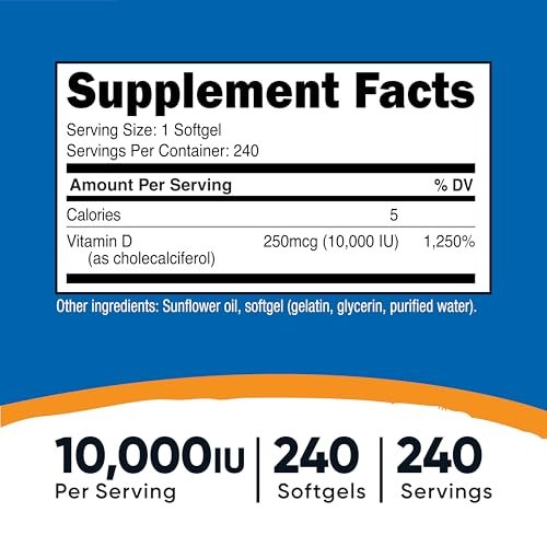 Nutricost Vitamin D3 10.000 IE – 240 Weichkapseln – Hochdosiert, Non-GMO, Glutenfrei