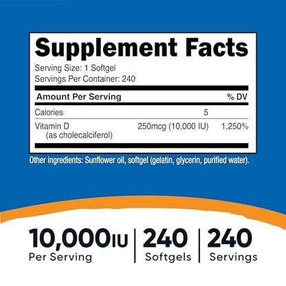 Nutricost Vitamin D3 10.000 IE – 240 Weichkapseln – Hochdosiert, Non-GMO, Glutenfrei