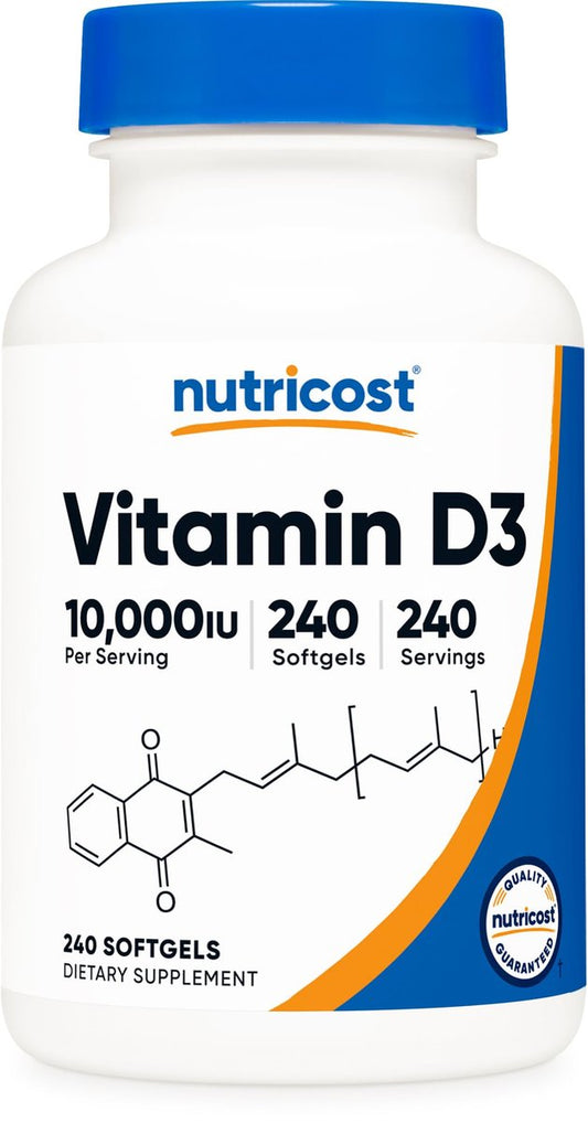 Nutricost Vitamin D3 10.000 IE – 240 Weichkapseln – Hochdosiert, Non-GMO, Glutenfrei
