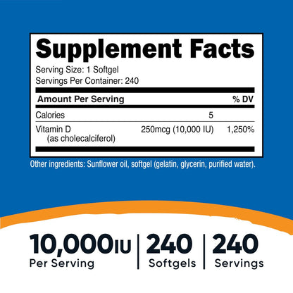 Nutricost Vitamin D3 10.000 IE – 240 Weichkapseln – Hochdosiert, Non-GMO, Glutenfrei