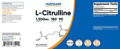 Nutricost L-Citrullin 1500mg, 180 Kapseln - 750mg pro Kapsel, Glutenfrei, Nicht-GVO