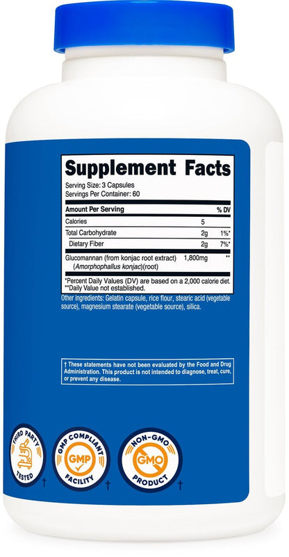 Nutricost Glucomannan 1.800 mg pro Portion, 180 Kapseln – natürliche Ballaststoffquelle, Non-GMO, glutenfrei