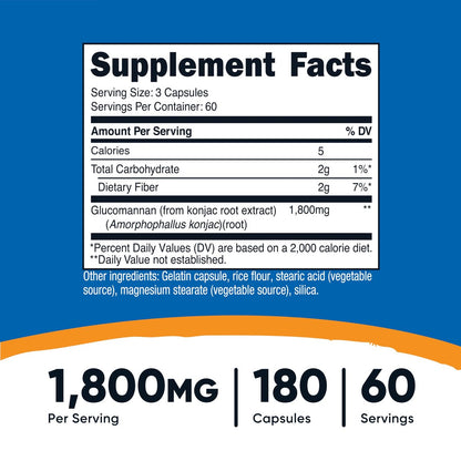 Nutricost Glucomannan 1.800 mg pro Portion, 180 Kapseln – natürliche Ballaststoffquelle, Non-GMO, glutenfrei