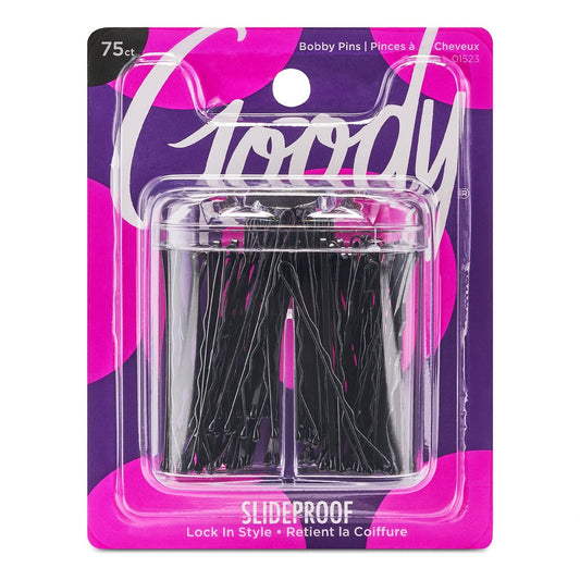 Goody SlideProof Bobby Pin Box mit Magnetdeckel - 75 Stück, Schwarze Haarklammern für Haarstyling, Halt ohne Verrutschen, Bequeme & Schmerzfreie Styling-Accessoires für Frauen & Männer, Alle Haartypen