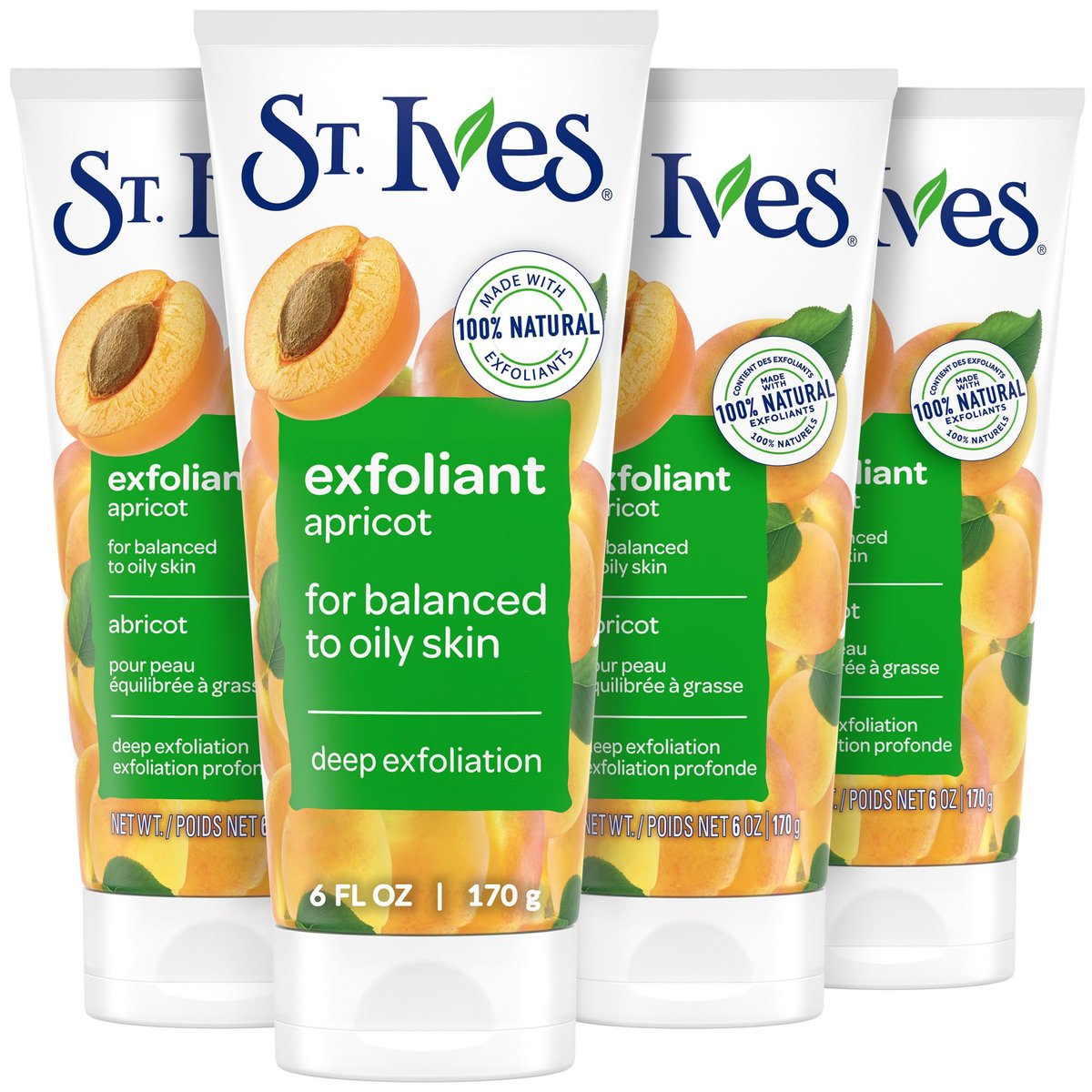St. Ives Fresh Skin Aprikosen-Gesichtspeeling, Tiefenreinigung für saubere, strahlende Haut, ölfrei, mit 100% natürlichen Peelings, 6 oz, 4er-Pack