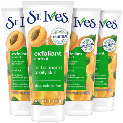 St. Ives Fresh Skin Aprikosen-Gesichtspeeling, Tiefenreinigung für saubere, strahlende Haut, ölfrei, mit 100% natürlichen Peelings, 6 oz, 4er-Pack