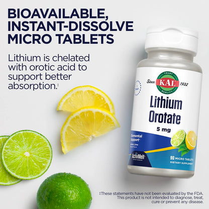 KAL Lithium Orotat ActivMelt 5 mg – Chelatiertes Lithium für optimale Absorption & Bioverfügbarkeit, Unterstützung gesunder Stimmung, natürlicher Limetten-Zitronen-Geschmack, 90 Mikro-Tabletten