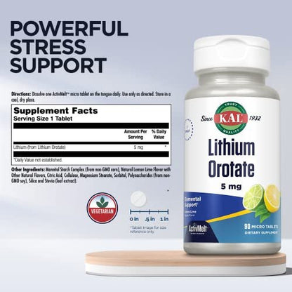 KAL Lithium Orotat ActivMelt 5 mg – Chelatiertes Lithium für optimale Absorption & Bioverfügbarkeit, Unterstützung gesunder Stimmung, natürlicher Limetten-Zitronen-Geschmack, 90 Mikro-Tabletten