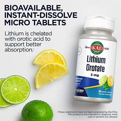 KAL Lithium Orotat ActivMelt 5 mg – Chelatiertes Lithium für optimale Absorption & Bioverfügbarkeit, Unterstützung gesunder Stimmung, natürlicher Limetten-Zitronen-Geschmack, 90 Mikro-Tabletten