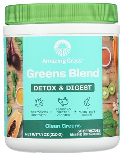 Amazing Grass Greens Blend Detox & Digest – Smoothie-Mix mit Super Greens Pulver, Verdauungsenzymen & Probiotika, 30 Portionen, 210 g