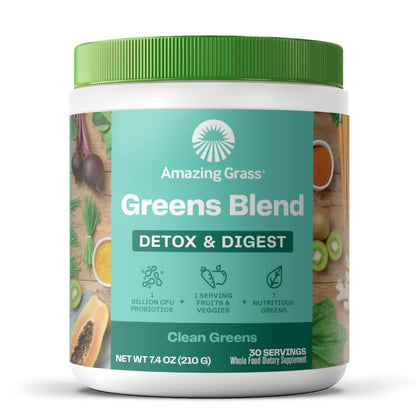 Amazing Grass Greens Blend Detox & Digest – Smoothie-Mix mit Super Greens Pulver, Verdauungsenzymen & Probiotika, 30 Portionen, 210 g