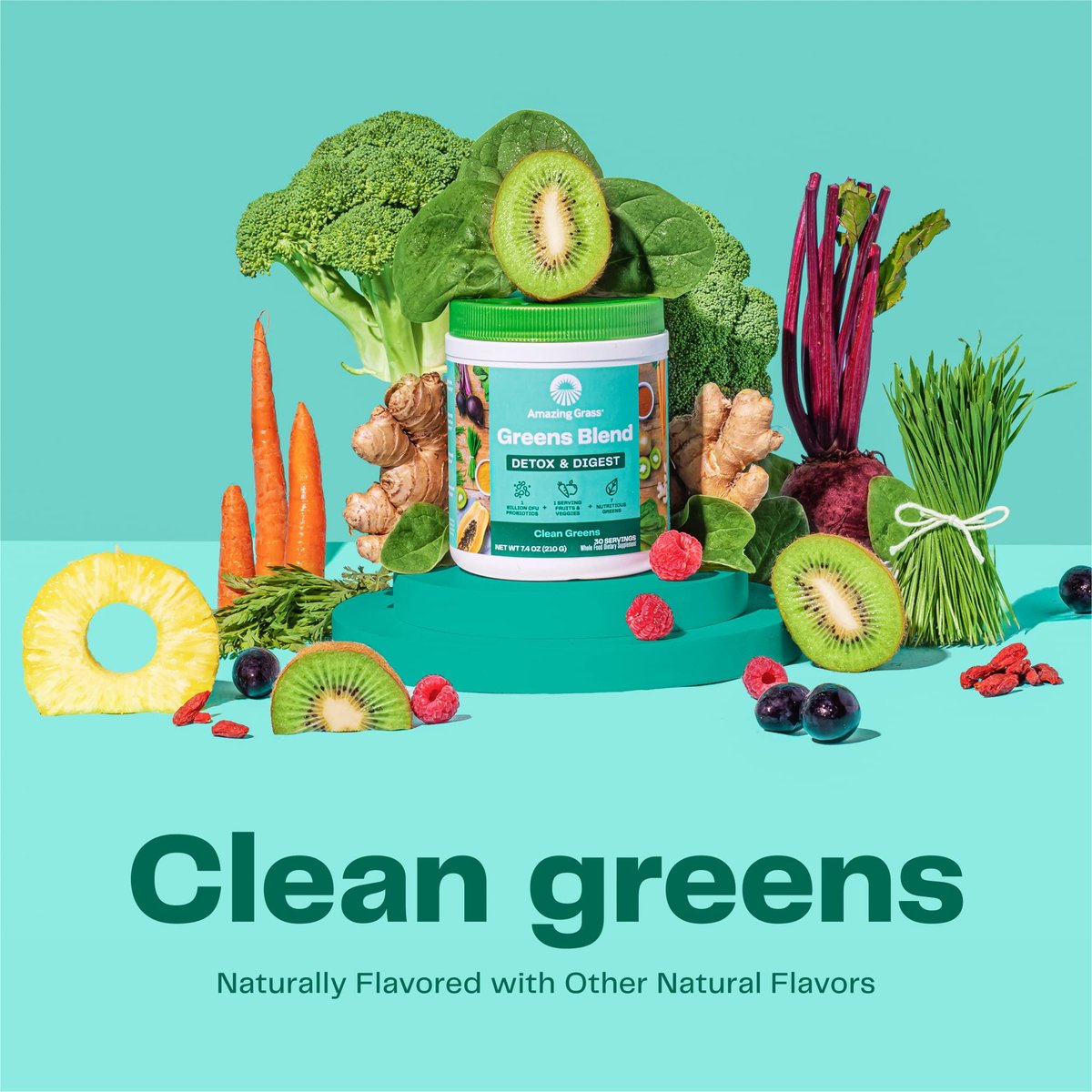 Amazing Grass Greens Blend Detox & Digest – Smoothie-Mix mit Super Greens Pulver, Verdauungsenzymen & Probiotika, 30 Portionen, 210 g