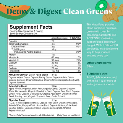 Amazing Grass Greens Blend Detox & Digest – Smoothie-Mix mit Super Greens Pulver, Verdauungsenzymen & Probiotika, 30 Portionen, 210 g