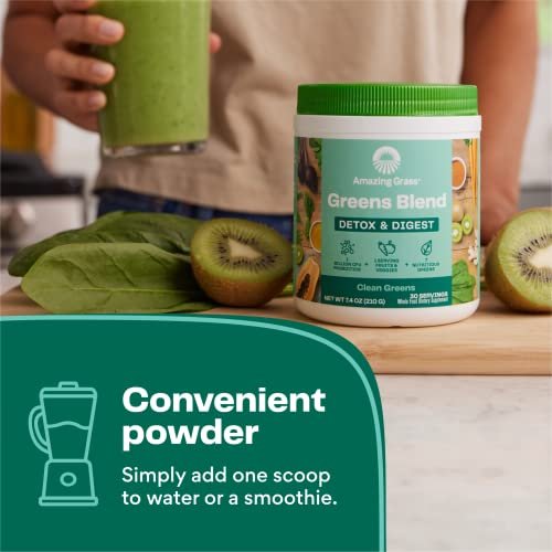 Amazing Grass Greens Blend Detox & Digest – Smoothie-Mix mit Super Greens Pulver, Verdauungsenzymen & Probiotika, 30 Portionen, 210 g