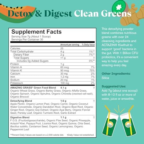 Amazing Grass Greens Blend Detox & Digest – Smoothie-Mix mit Super Greens Pulver, Verdauungsenzymen & Probiotika, 30 Portionen, 210 g