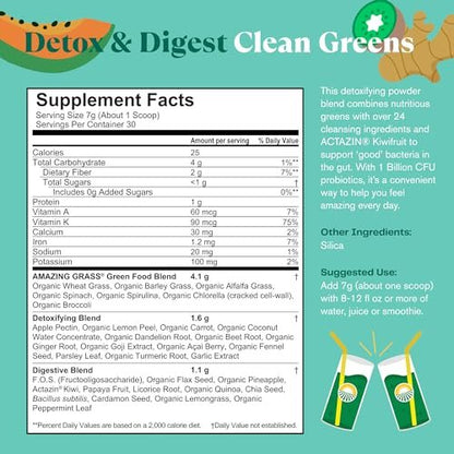 Amazing Grass Greens Blend Detox & Digest – Smoothie-Mix mit Super Greens Pulver, Verdauungsenzymen & Probiotika, 30 Portionen, 210 g