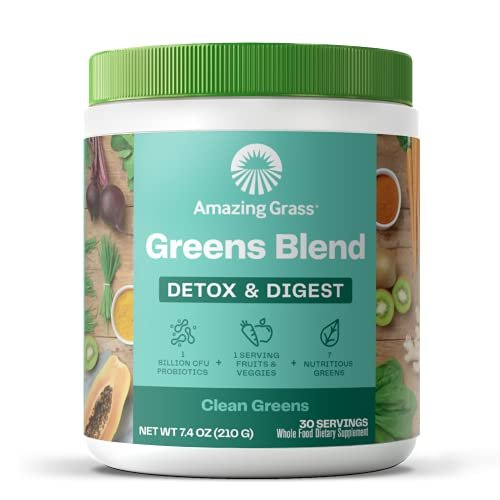 Amazing Grass Greens Blend Detox & Digest – Smoothie-Mix mit Super Greens Pulver, Verdauungsenzymen & Probiotika, 30 Portionen, 210 g