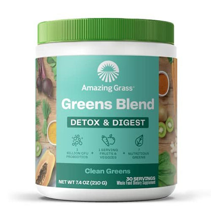 Amazing Grass Greens Blend Detox & Digest – Smoothie-Mix mit Super Greens Pulver, Verdauungsenzymen & Probiotika, 30 Portionen, 210 g
