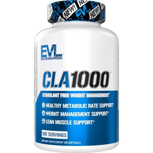 EVLUTION CLA 1000mg – Konjugierte Linolsäure Kapseln zur Unterstützung von Gewichtsverlust, Fettverbrennung und Muskelaufbau – Stimulanzienfrei, auf Safflower-Basis – 180 Kapseln