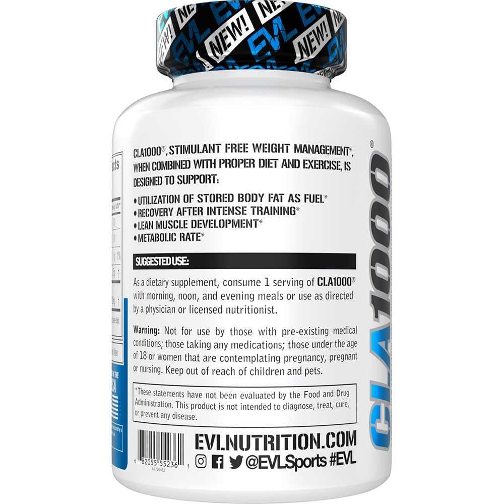 EVLUTION CLA 1000mg – Konjugierte Linolsäure Kapseln zur Unterstützung von Gewichtsverlust, Fettverbrennung und Muskelaufbau – Stimulanzienfrei, auf Safflower-Basis – 180 Kapseln
