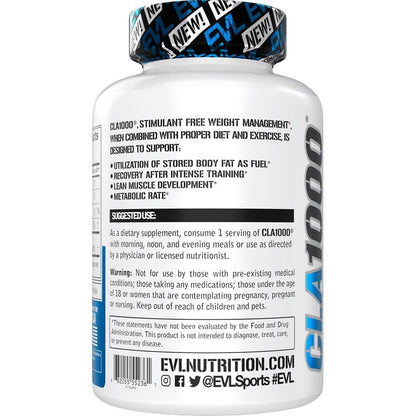 EVLUTION CLA 1000mg – Konjugierte Linolsäure Kapseln zur Unterstützung von Gewichtsverlust, Fettverbrennung und Muskelaufbau – Stimulanzienfrei, auf Safflower-Basis – 180 Kapseln