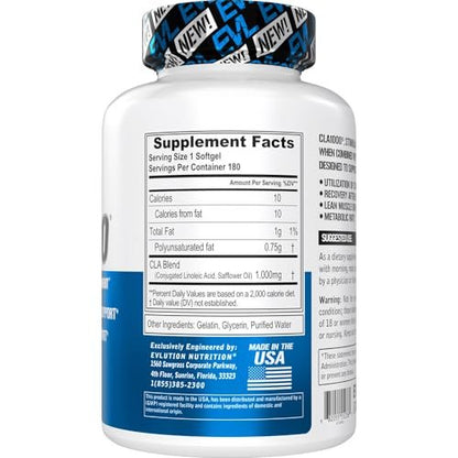 EVLUTION CLA 1000mg – Konjugierte Linolsäure Kapseln zur Unterstützung von Gewichtsverlust, Fettverbrennung und Muskelaufbau – Stimulanzienfrei, auf Safflower-Basis – 180 Kapseln