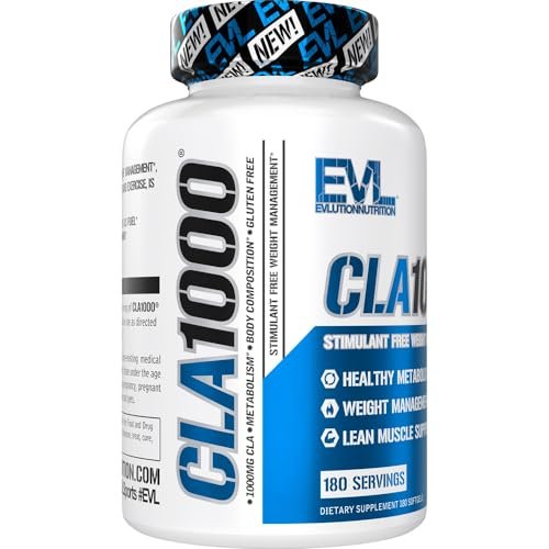 EVLUTION CLA 1000mg – Konjugierte Linolsäure Kapseln zur Unterstützung von Gewichtsverlust, Fettverbrennung und Muskelaufbau – Stimulanzienfrei, auf Safflower-Basis – 180 Kapseln