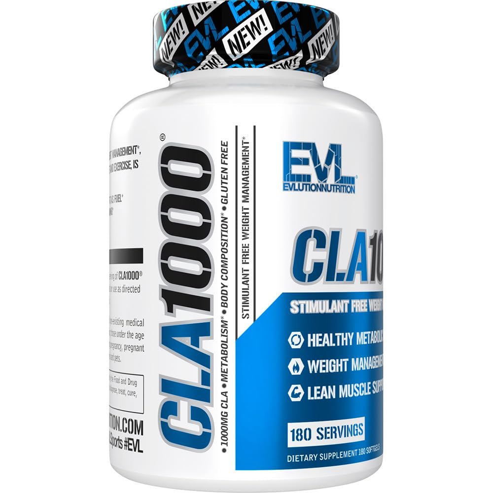 EVLUTION CLA 1000mg – Konjugierte Linolsäure Kapseln zur Unterstützung von Gewichtsverlust, Fettverbrennung und Muskelaufbau – Stimulanzienfrei, auf Safflower-Basis – 180 Kapseln