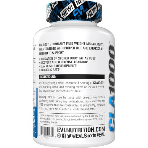 EVLUTION CLA 1000mg – Konjugierte Linolsäure Kapseln zur Unterstützung von Gewichtsverlust, Fettverbrennung und Muskelaufbau – Stimulanzienfrei, auf Safflower-Basis – 180 Kapseln