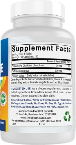 Best Naturals Koffein Tabletten 200mg, 120 Stück – Energie-Booster für den Alltag