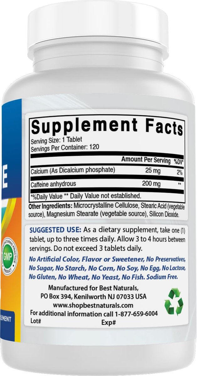 Best Naturals Koffein Tabletten 200mg, 120 Stück – Energie-Booster für den Alltag