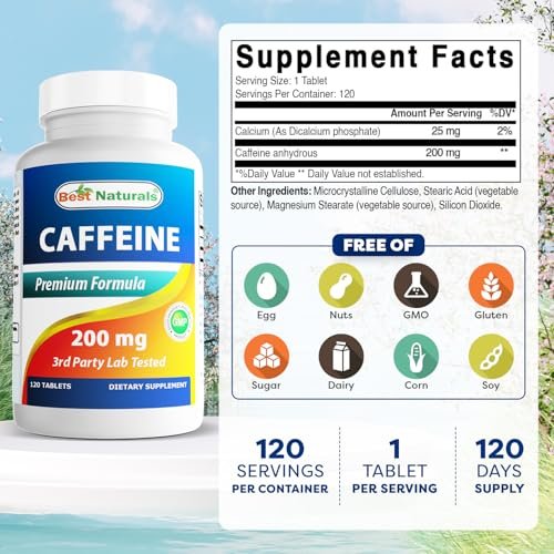 Best Naturals Koffein Tabletten 200mg, 120 Stück – Energie-Booster für den Alltag