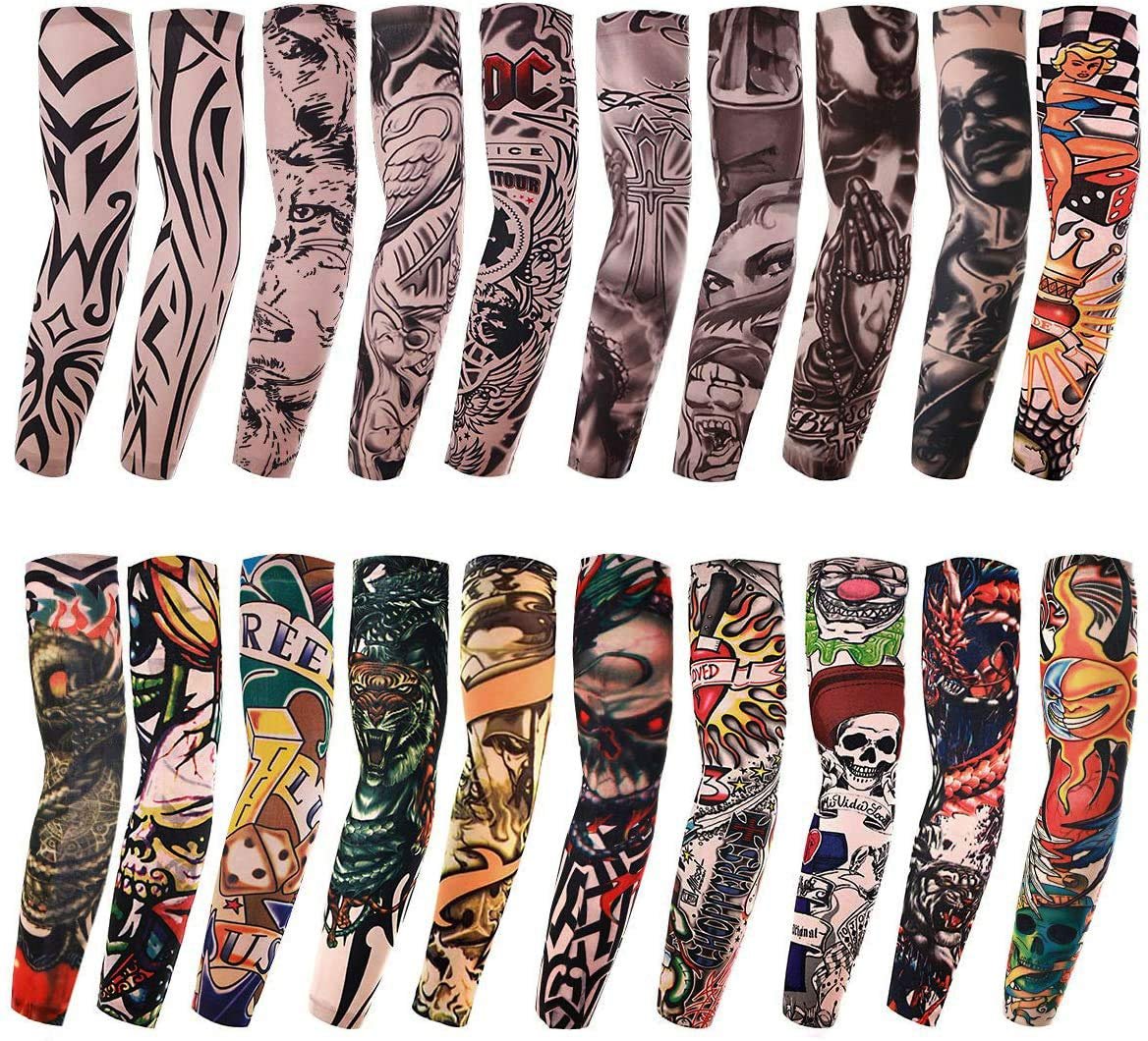 20-teiliges Set temporäre Tattoo-Arm-Ärmel aus Spandex – Designs: Tiger, Krone, Herz, Totenkopf, Tribal und mehr