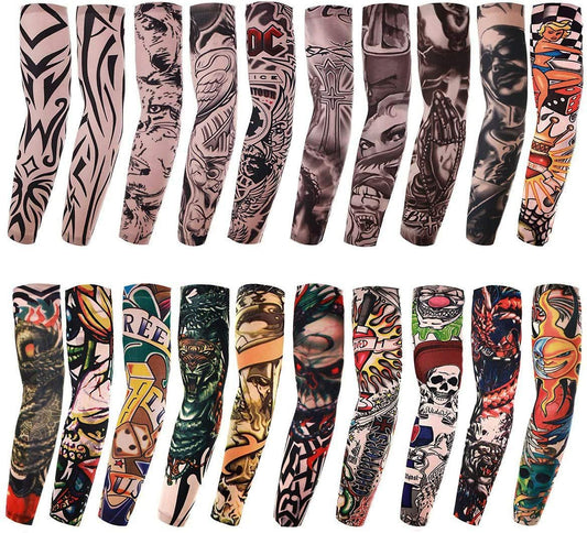 20-teiliges Set temporäre Tattoo-Arm-Ärmel aus Spandex – Designs: Tiger, Krone, Herz, Totenkopf, Tribal und mehr