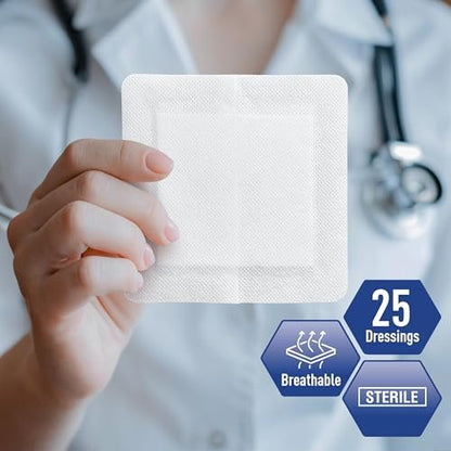 MED PRIDE Haftende Gaze-Pads 6x6, 25 Stück sterile, einzeln verpackte, nicht klebende, atmungsaktive Wundverbände, hoch saugfähig, latexfrei (6'' x 6'' AB4339)