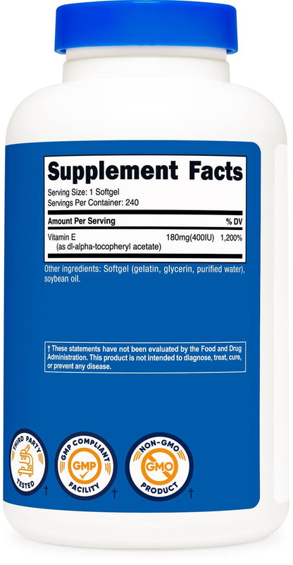Nutricost Vitamin E 400 IE, 240 Weichkapseln – Glutenfrei, Nicht-GVO