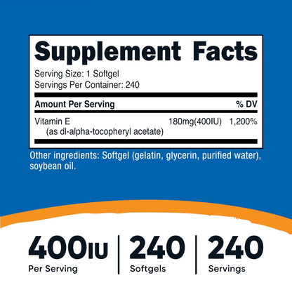 Nutricost Vitamin E 400 IE, 240 Weichkapseln – Glutenfrei, Nicht-GVO